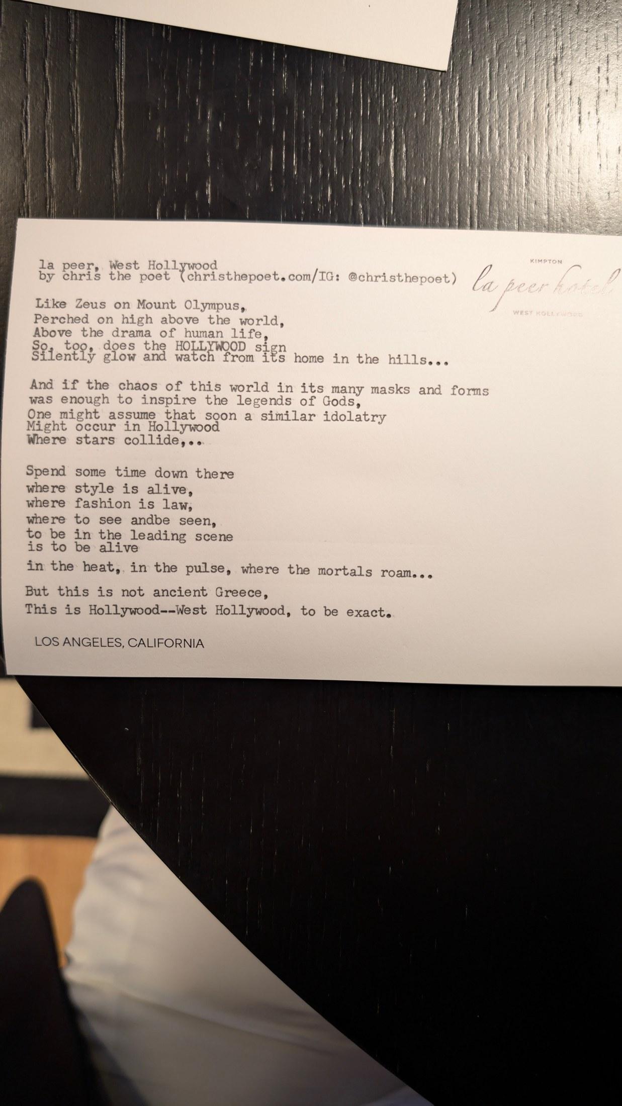 Original typewritten poem La Peer, West Hollywood by Chris the Poet