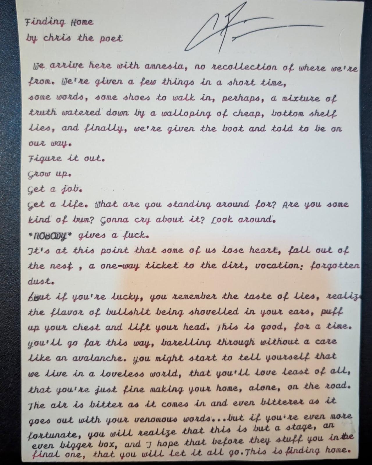 Original typewritten poem Finding Home by Chris the Poet