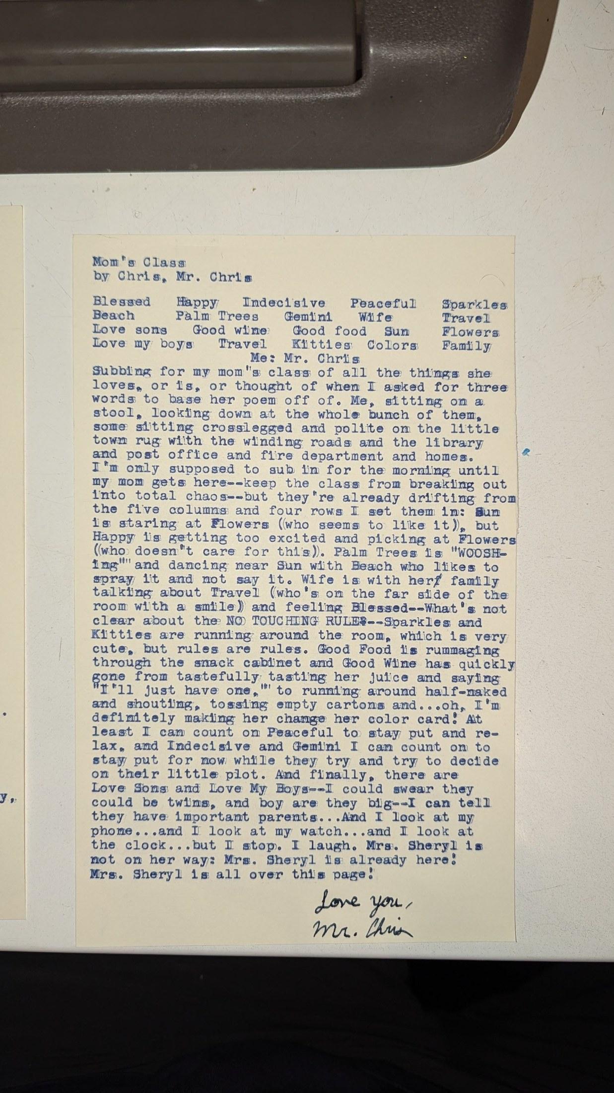 Original typewritten poem Mom's Class by Chris the Poet