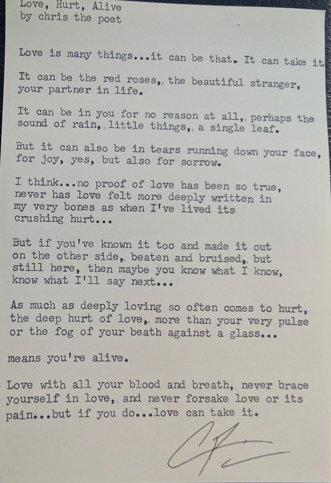 Original typewritten poem Love, Hurt, Alive by Chris the Poet