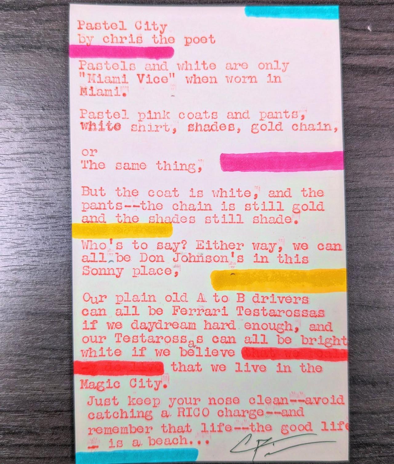 Original typewritten poem Pastel City by Chris the Poet