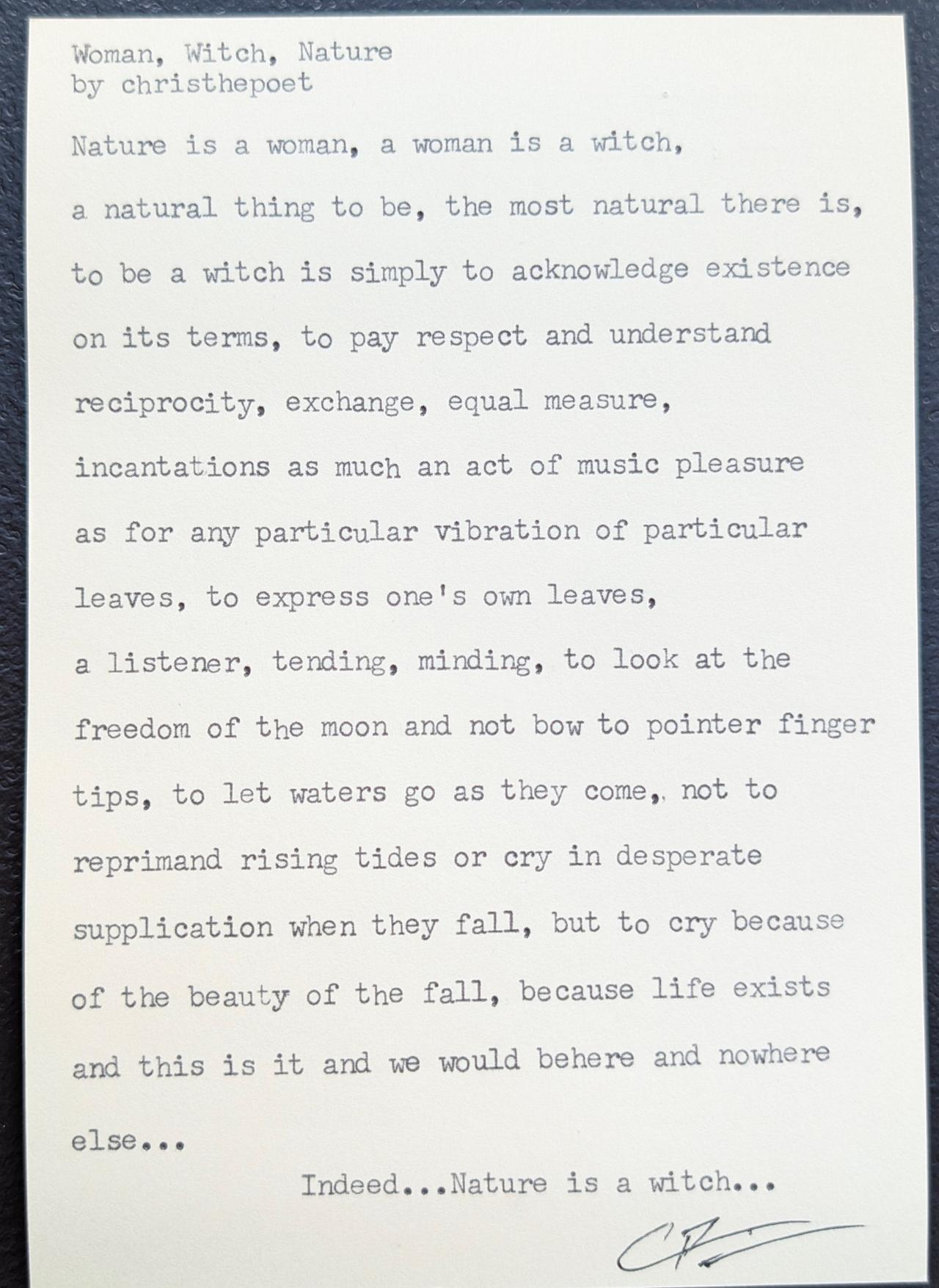 Original typewritten poem Woman, Witch, Nature by Chris the Poet