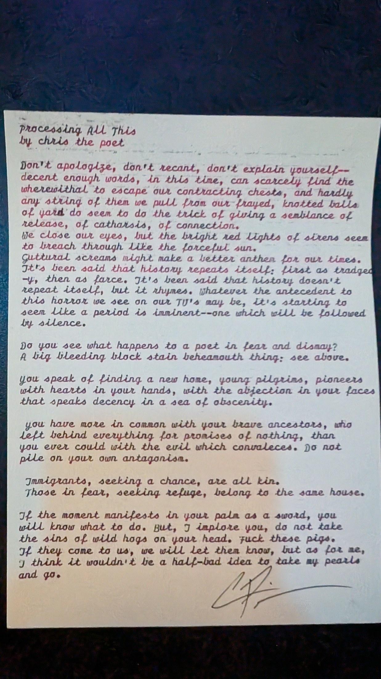 Original typewritten poem Processing All This by Chris the Poet