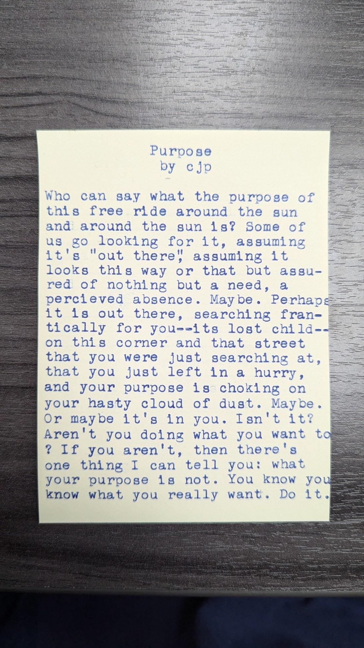 Original typewritten poem Purpose by Chris the Poet