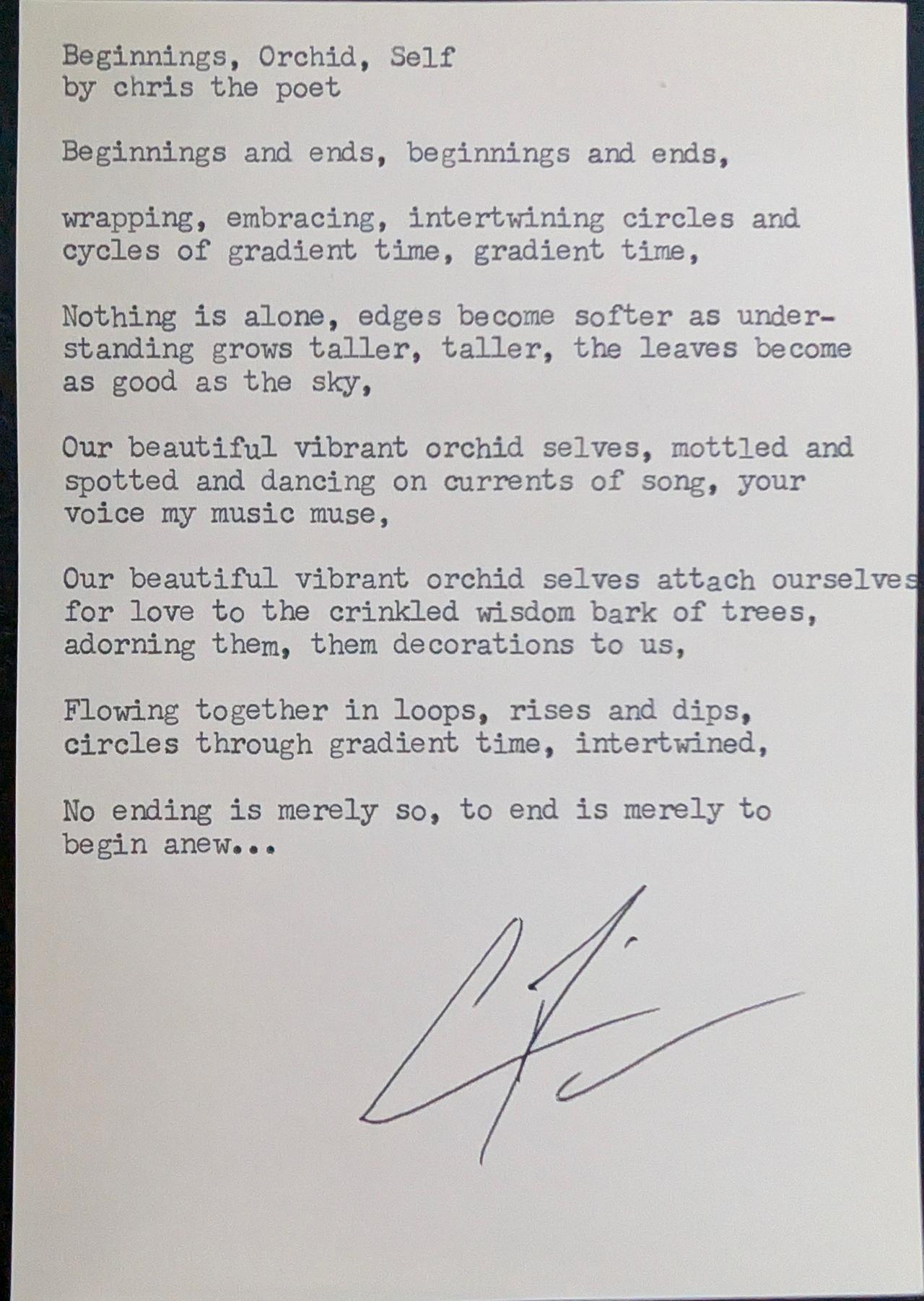 Original typewritten poem Beginnings, Orchid, Self by Chris the Poet