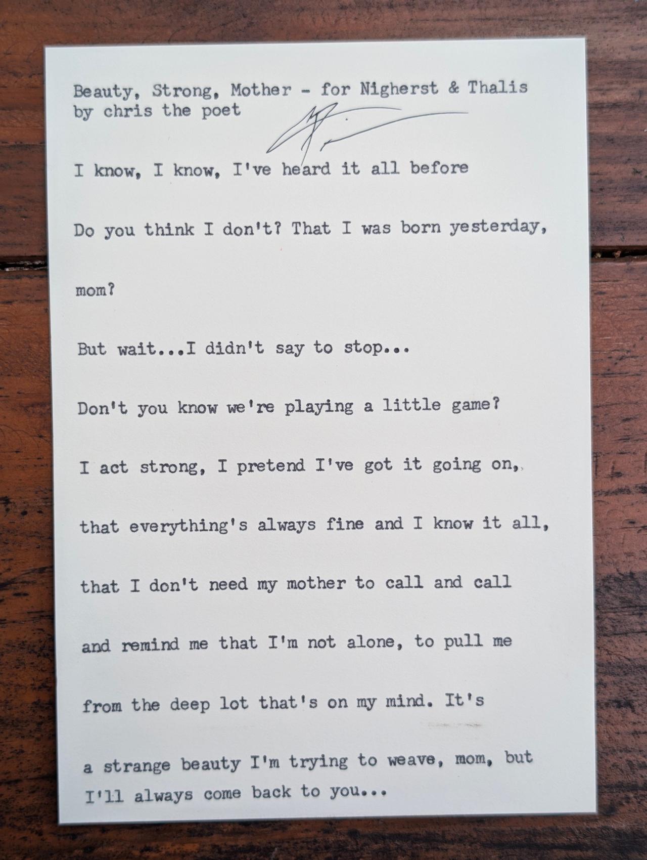 Original typewritten poem Beauty, Strong, Mother - for Nigers & Thalia by Chris the Poet