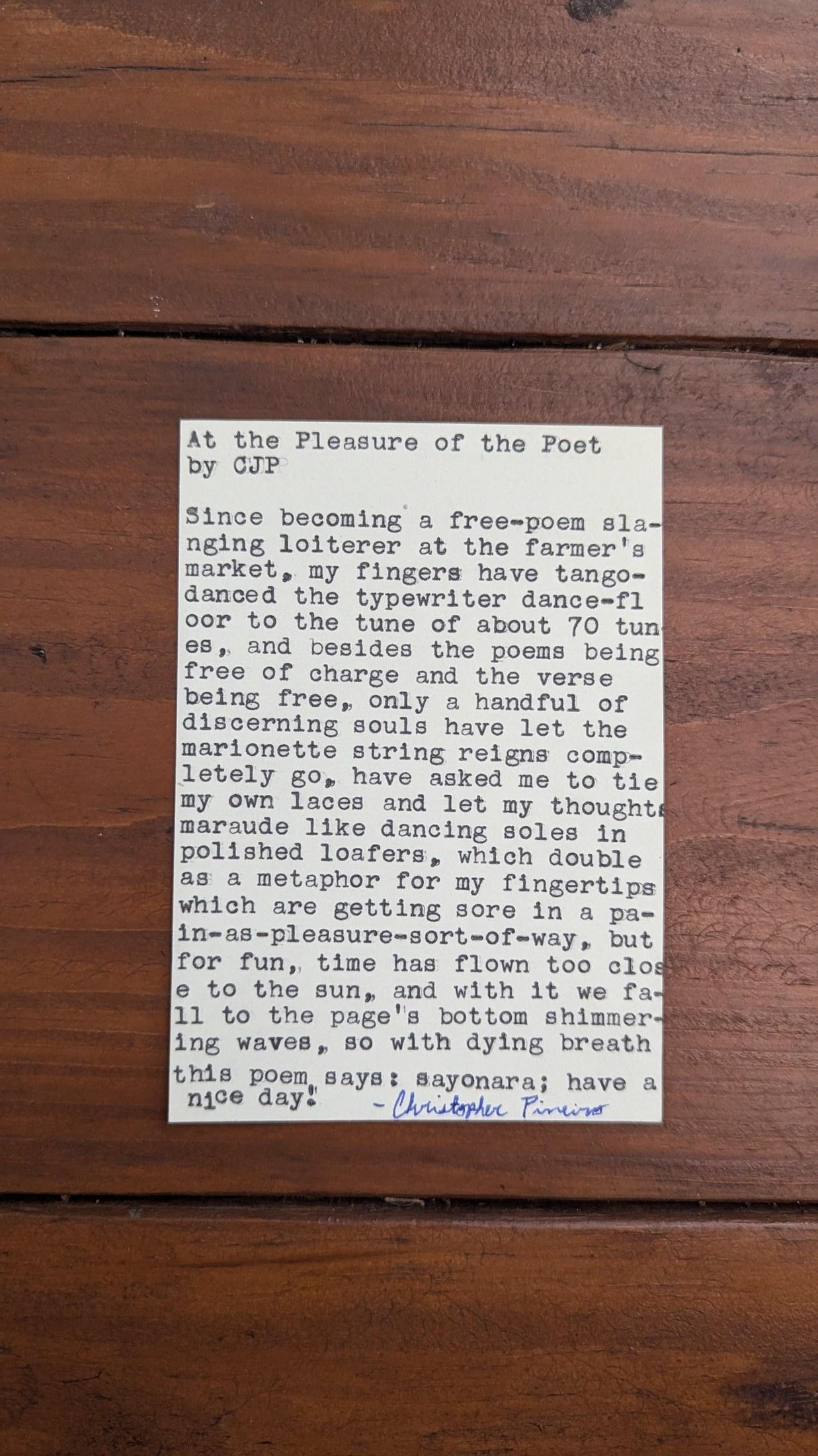 Original typewritten poem At the Pleasure of the Poet by Chris the Poet