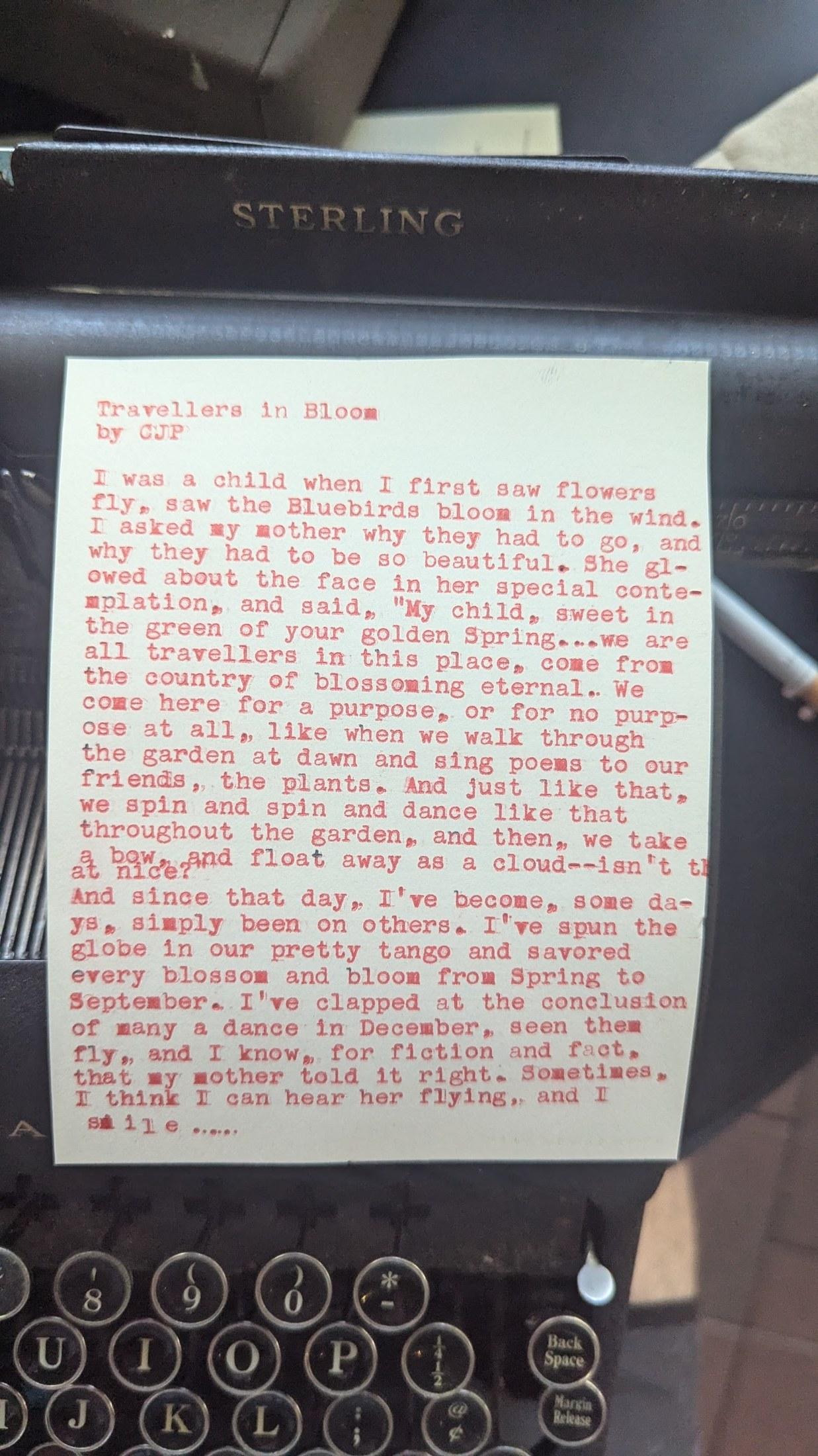 Original typewritten poem Travellers in Bloom by Chris the Poet