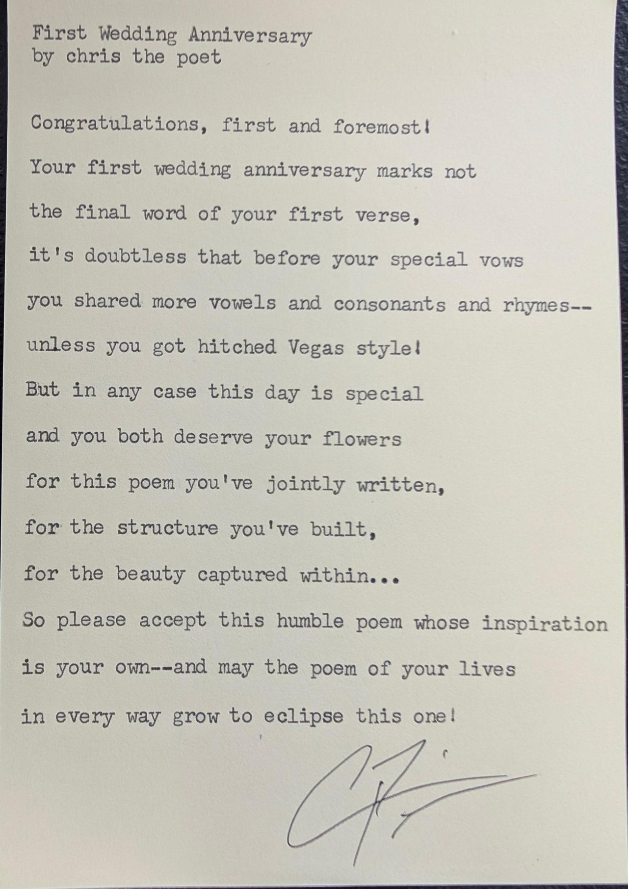 Original typewritten poem First Wedding Anniversary by Chris the Poet