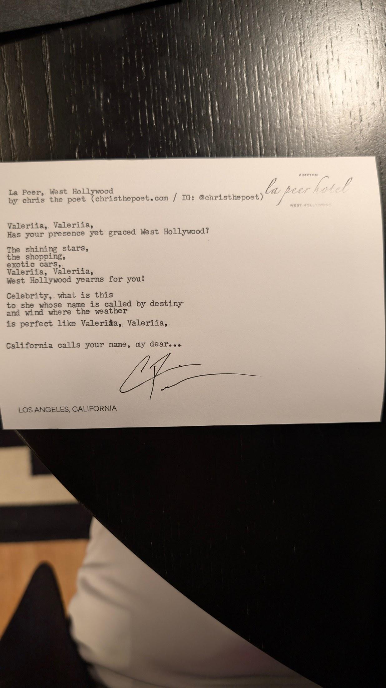 Original typewritten poem La Peer, West Hollywood by Chris the Poet
