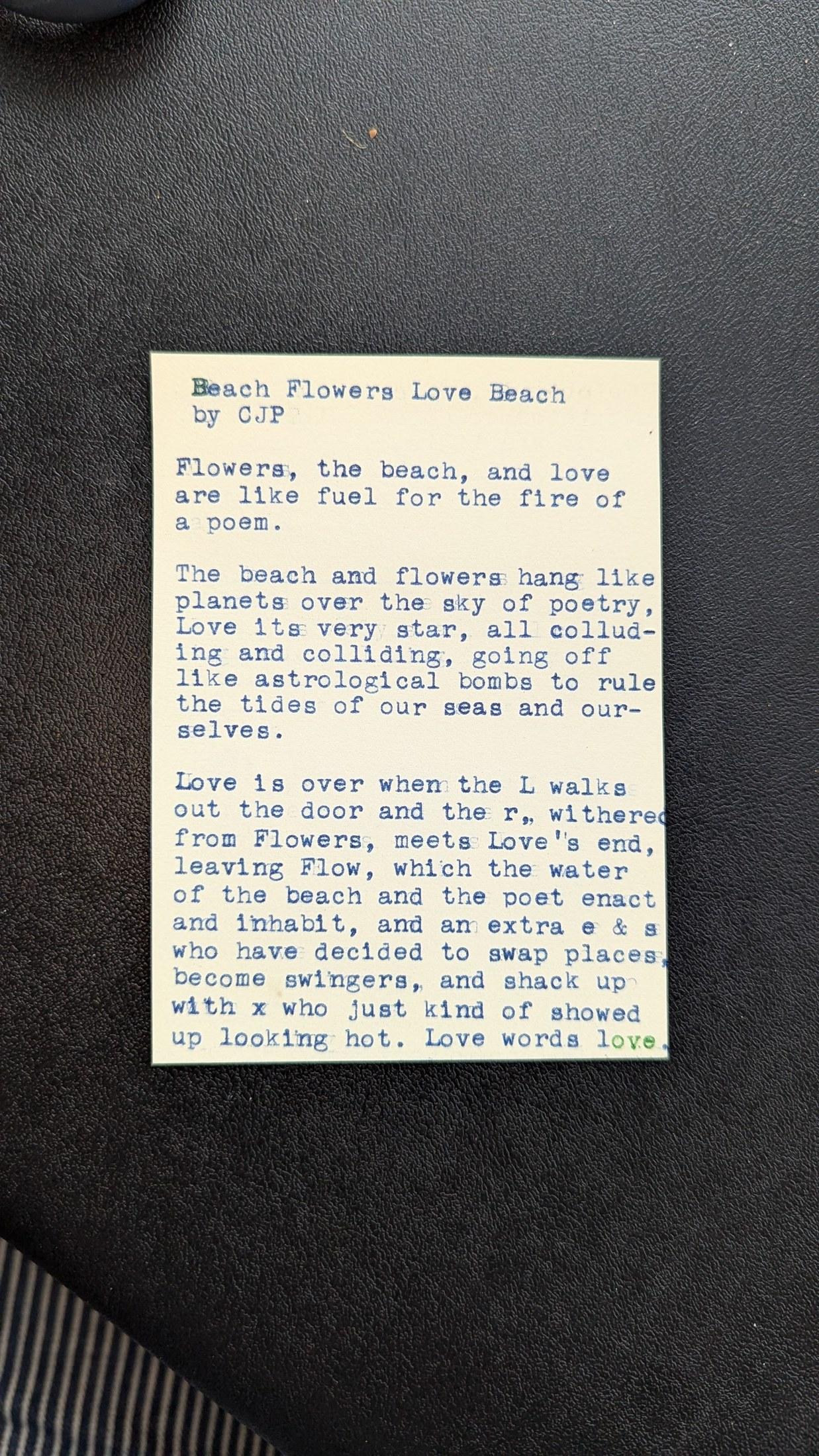 Original typewritten poem Beach Flowers Love Beach by Chris the Poet