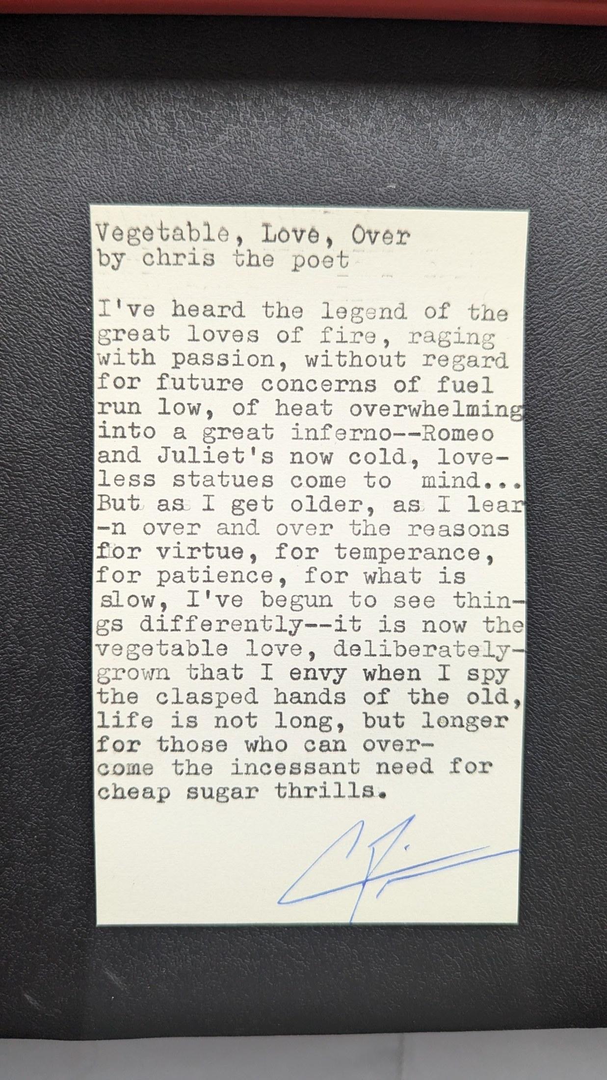 Original typewritten poem Vegetable, Love, Grow by Chris the Poet