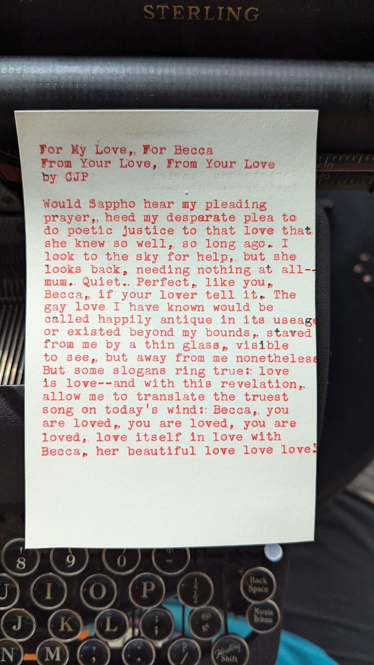 Original typewritten poem For My Love, For Becca; From Your Love, From Your Love by Chris the Poet