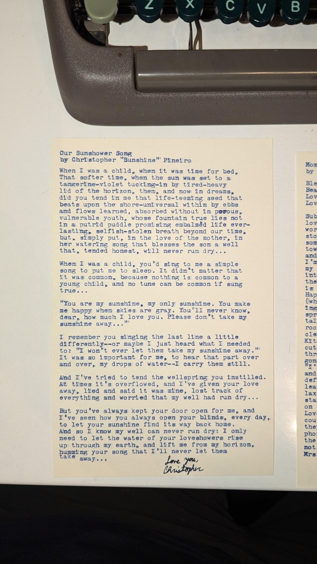 Original typewritten poem Our Sunshower Song by Chris the Poet