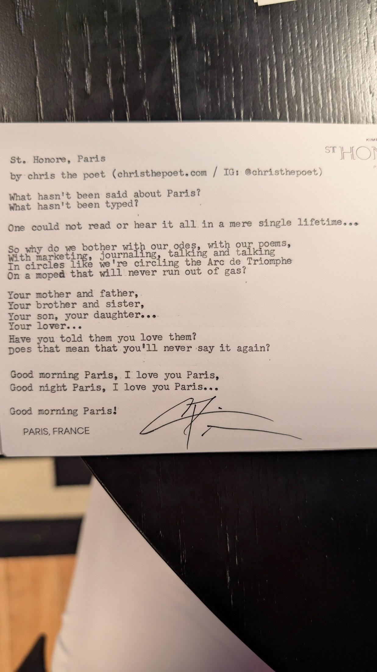 Original typewritten poem St. Honore, Paris by Chris the Poet