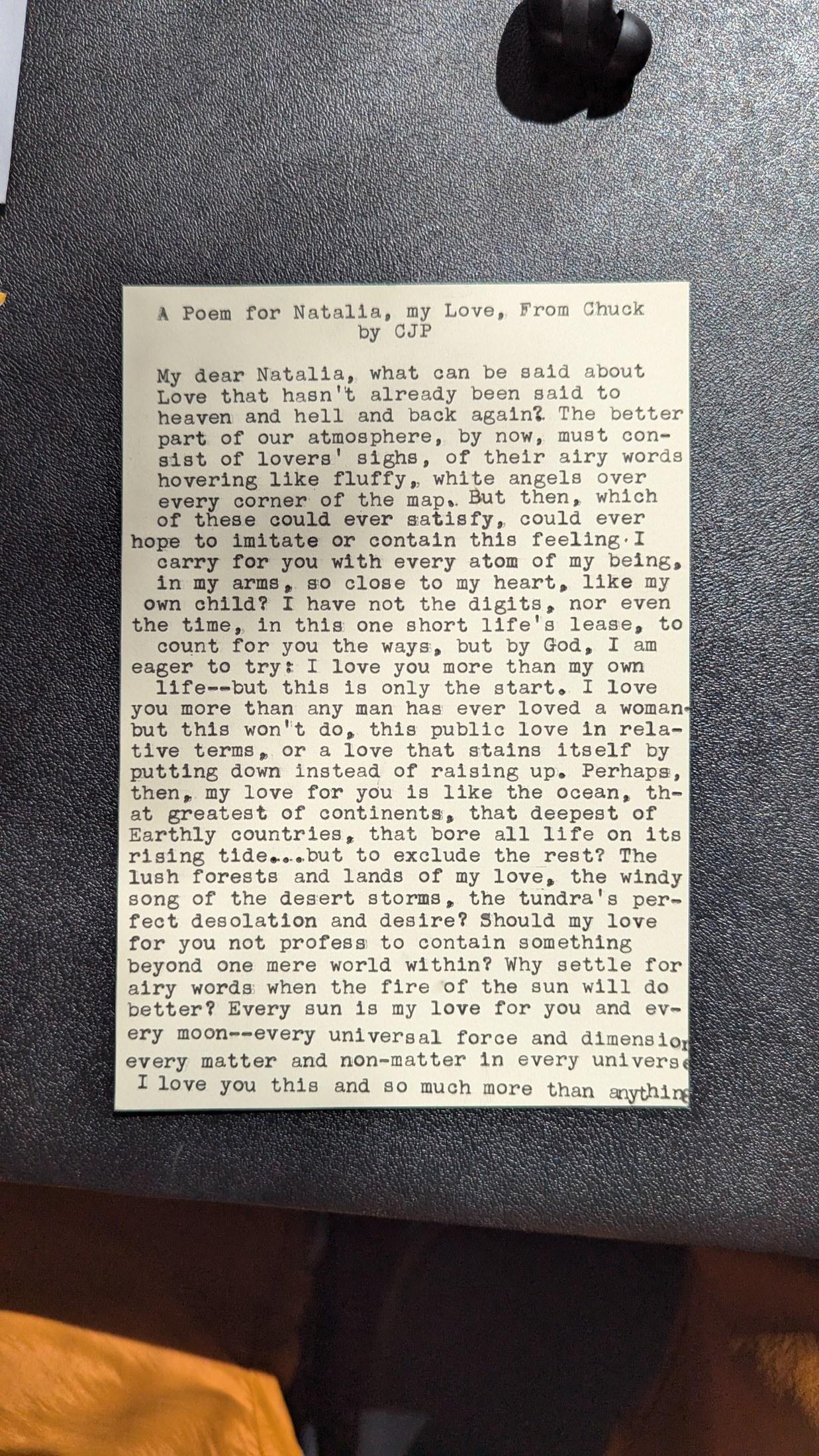 Original typewritten poem A Poem for Natalia, My Love, from Chuck by Chris the Poet