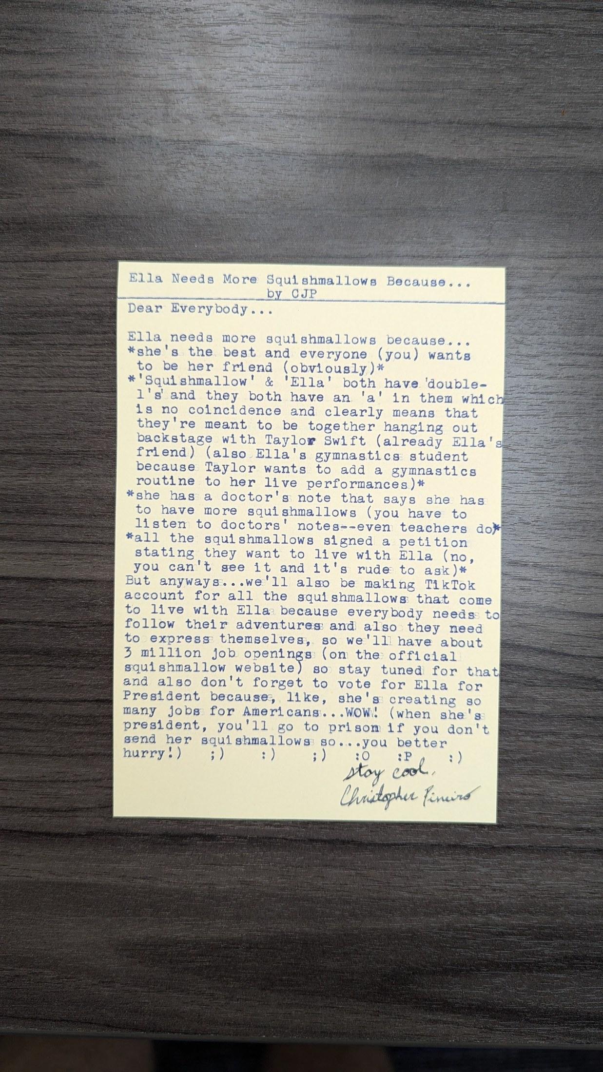 Original typewritten poem Ella Needs More Squishmallows Because... by Chris the Poet