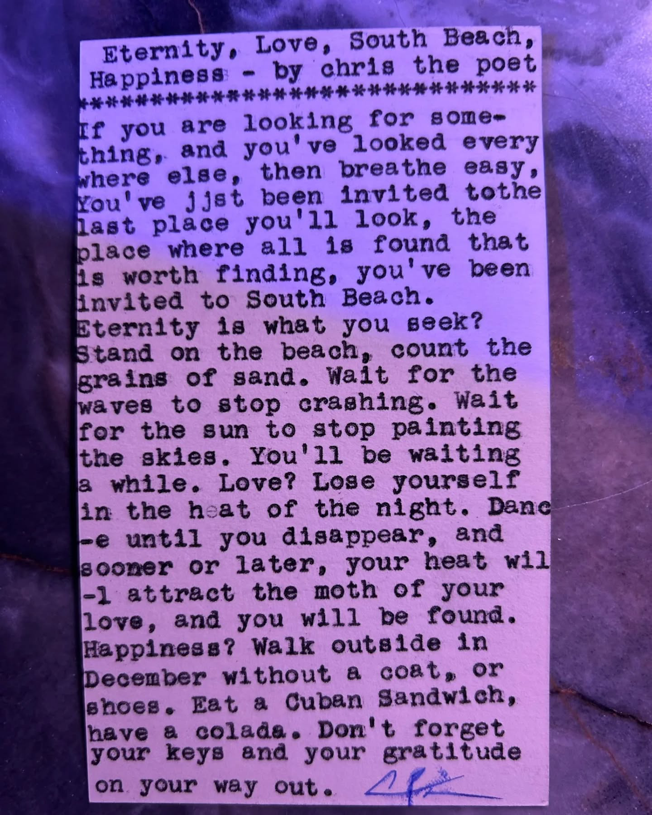 Additional archive image for Eternity, Love, South Beach, Happiness by Chris the Poet