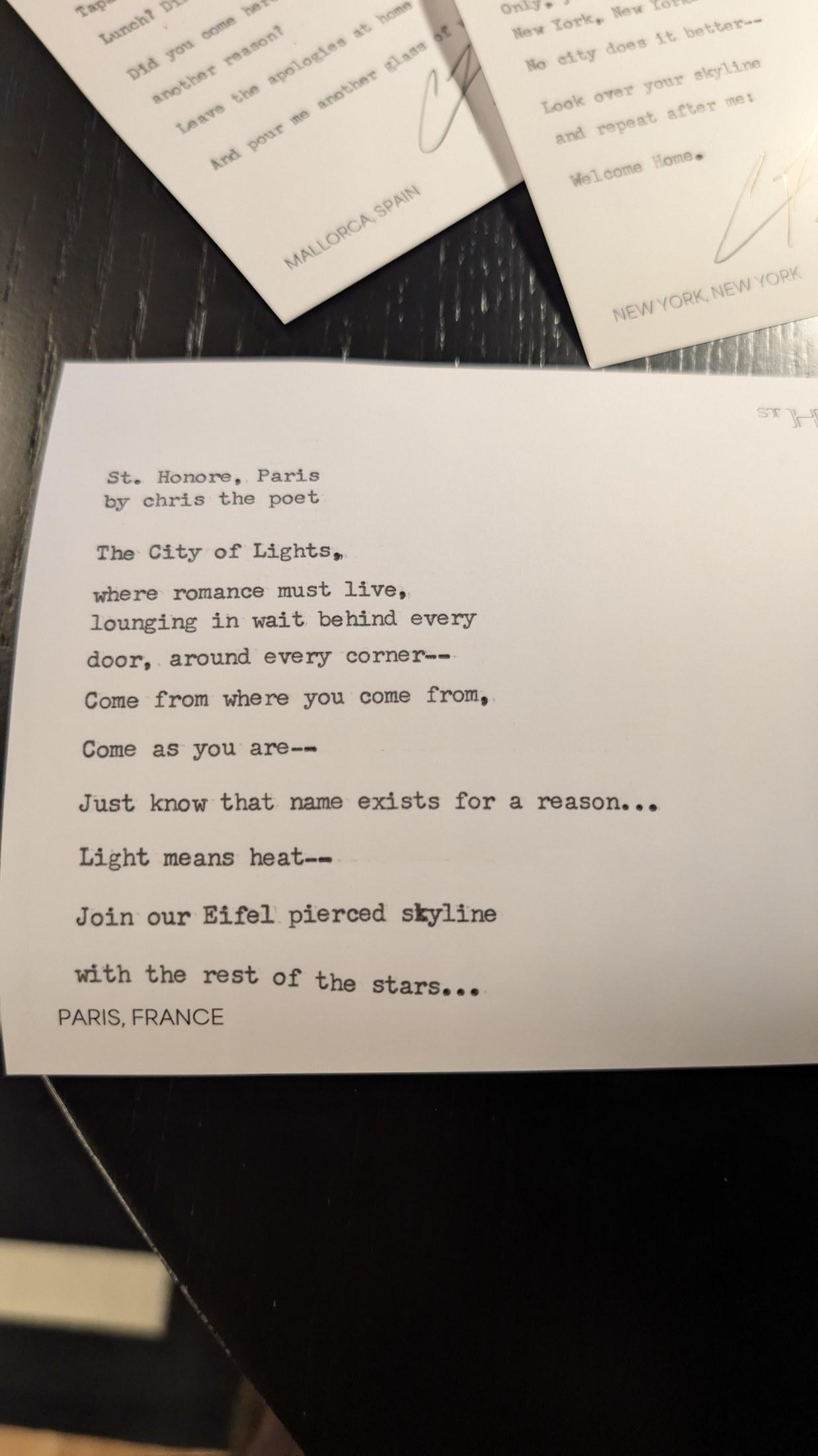 Original typewritten poem St. Honore, Paris by Chris the Poet