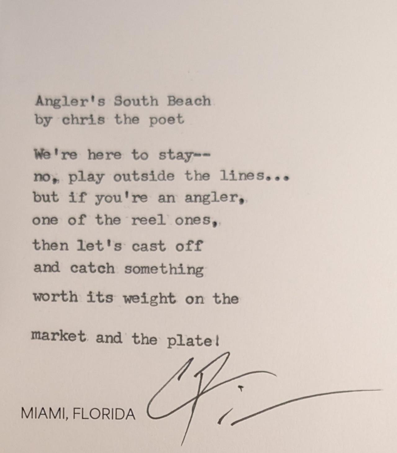 Original typewritten poem Angler's South Beach by Chris the Poet