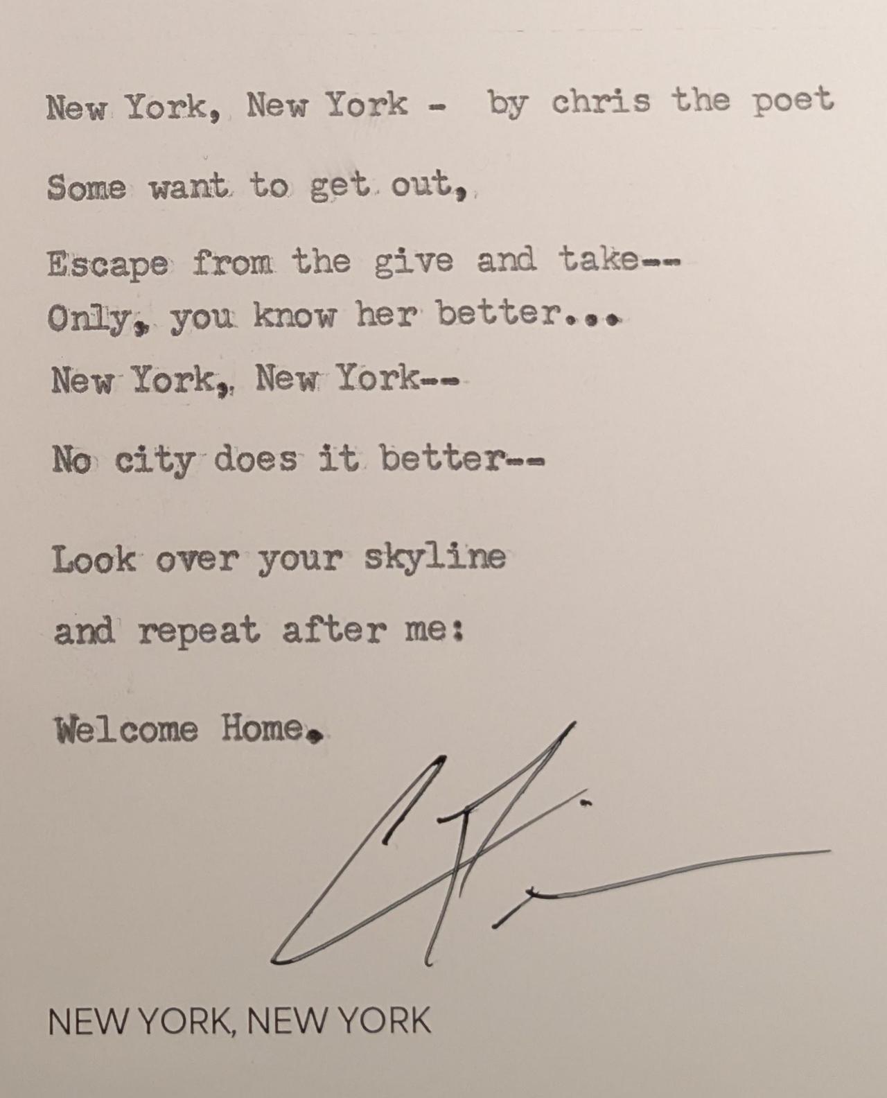 Original typewritten poem New York, New York by Chris the Poet