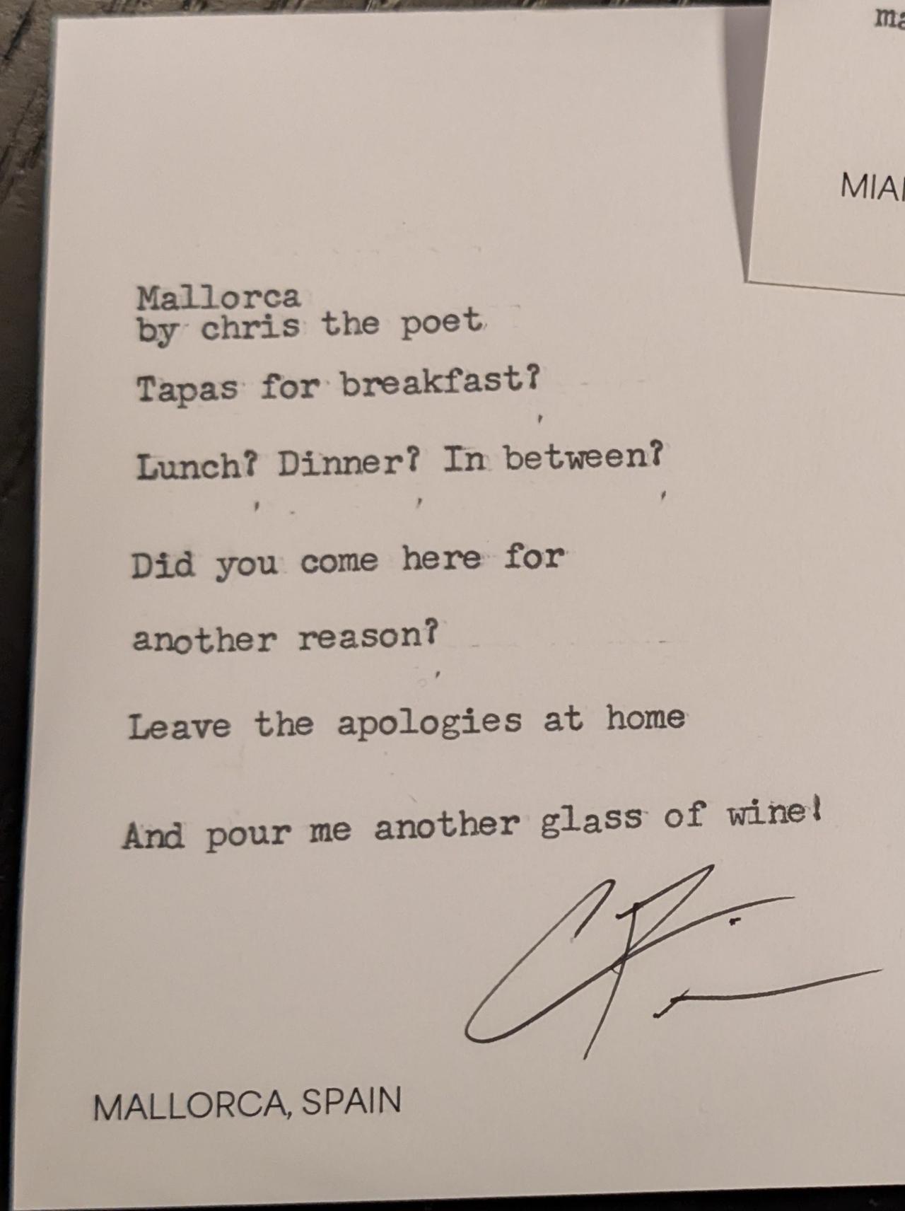 Original typewritten poem Mallorca by Chris the Poet