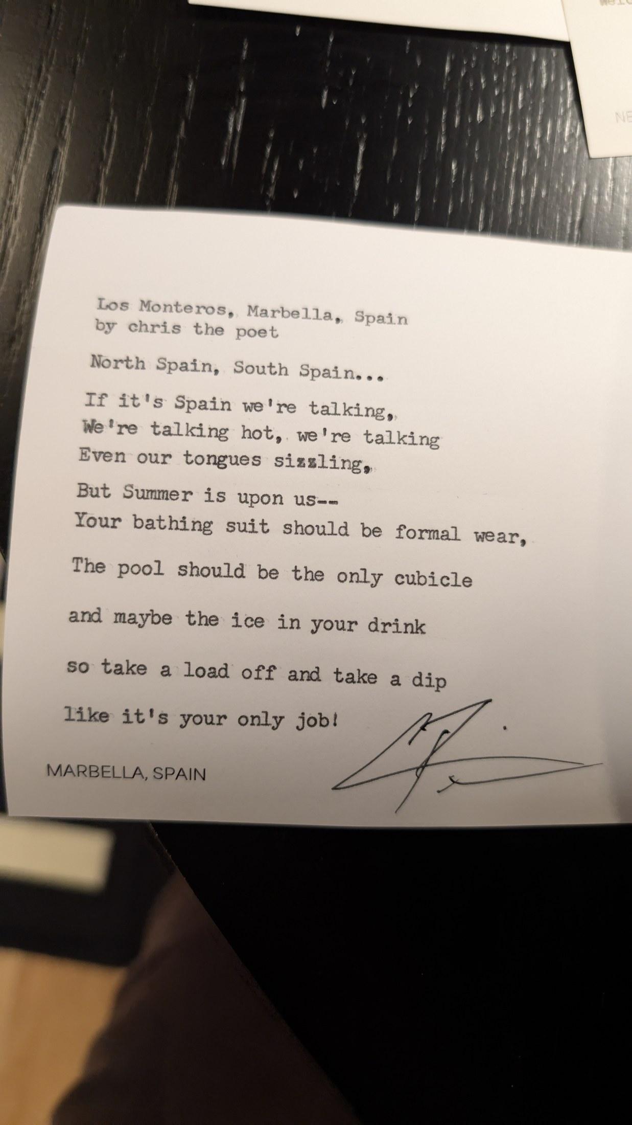 Original typewritten poem Los Monteros, Marbella, Spain by Chris the Poet