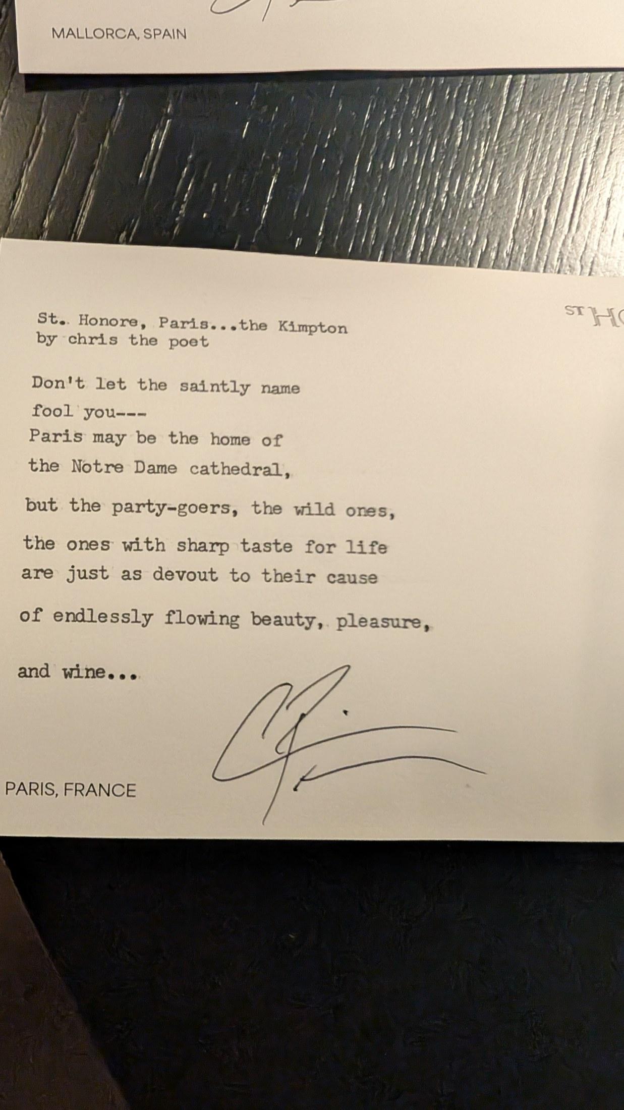 Original typewritten poem St. Honore, Paris...the Kimpton by Chris the Poet
