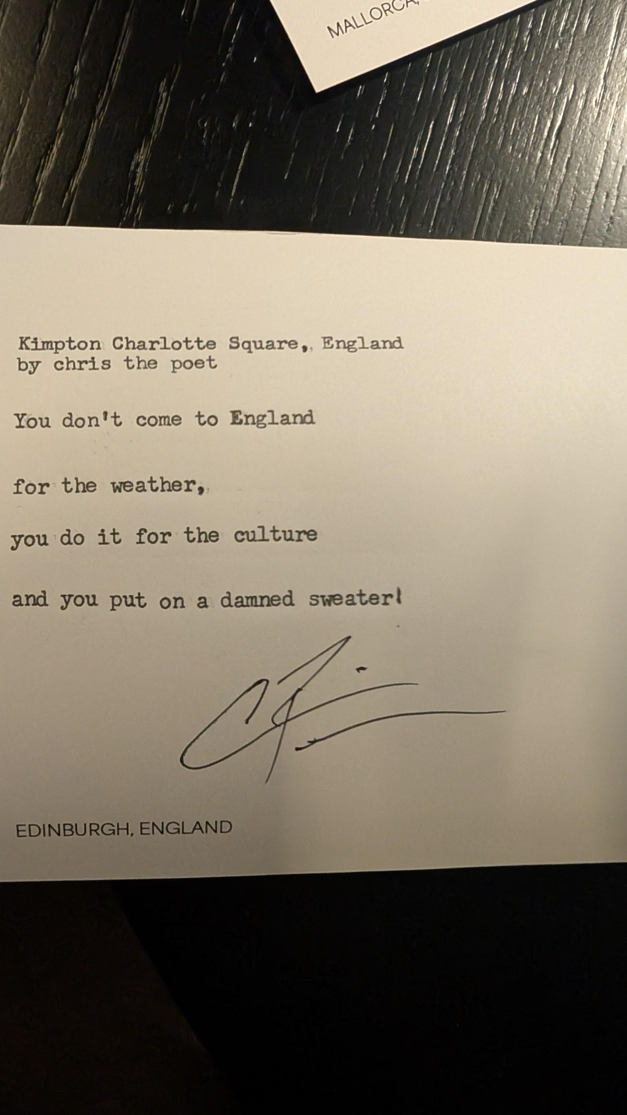 Original typewritten poem Kimpton Charlotte Square, England by Chris the Poet