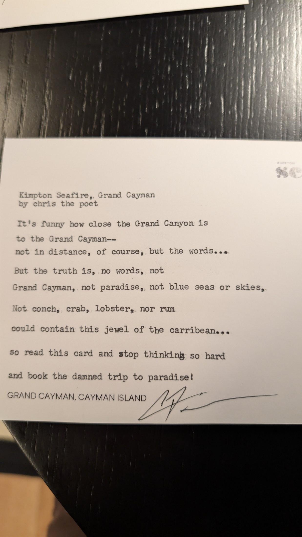 Original typewritten poem Kimpton Seafire, Grand Cayman by Chris the Poet
