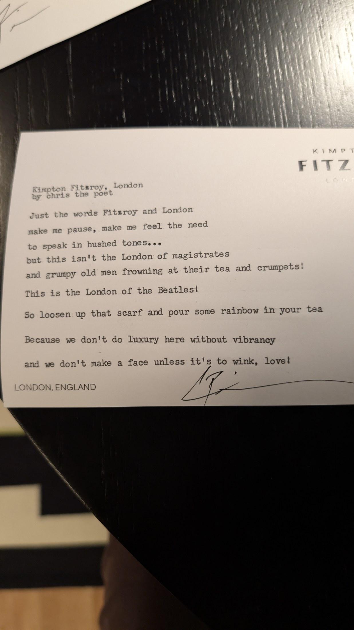 Original typewritten poem Kimpton Fitzroy, London by Chris the Poet