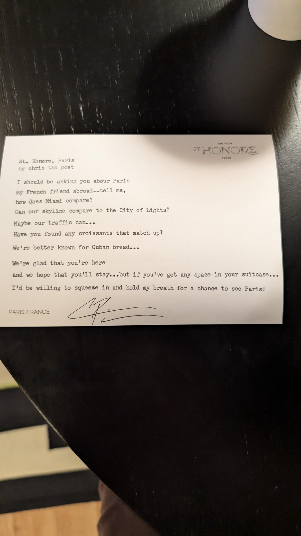 Original typewritten poem St. Honore, Paris by Chris the Poet