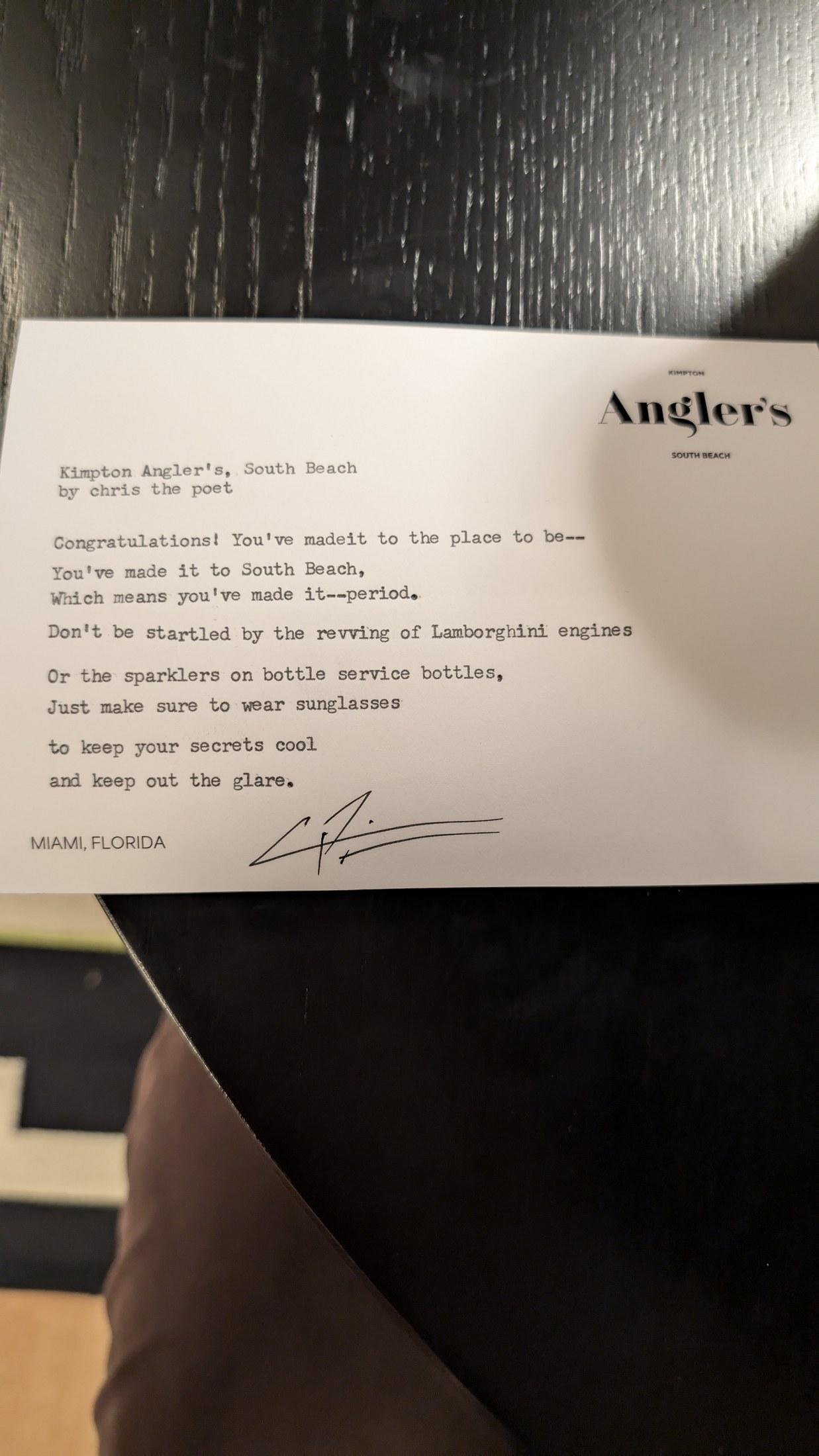 Original typewritten poem Kimpton Angler's, South Beach by Chris the Poet