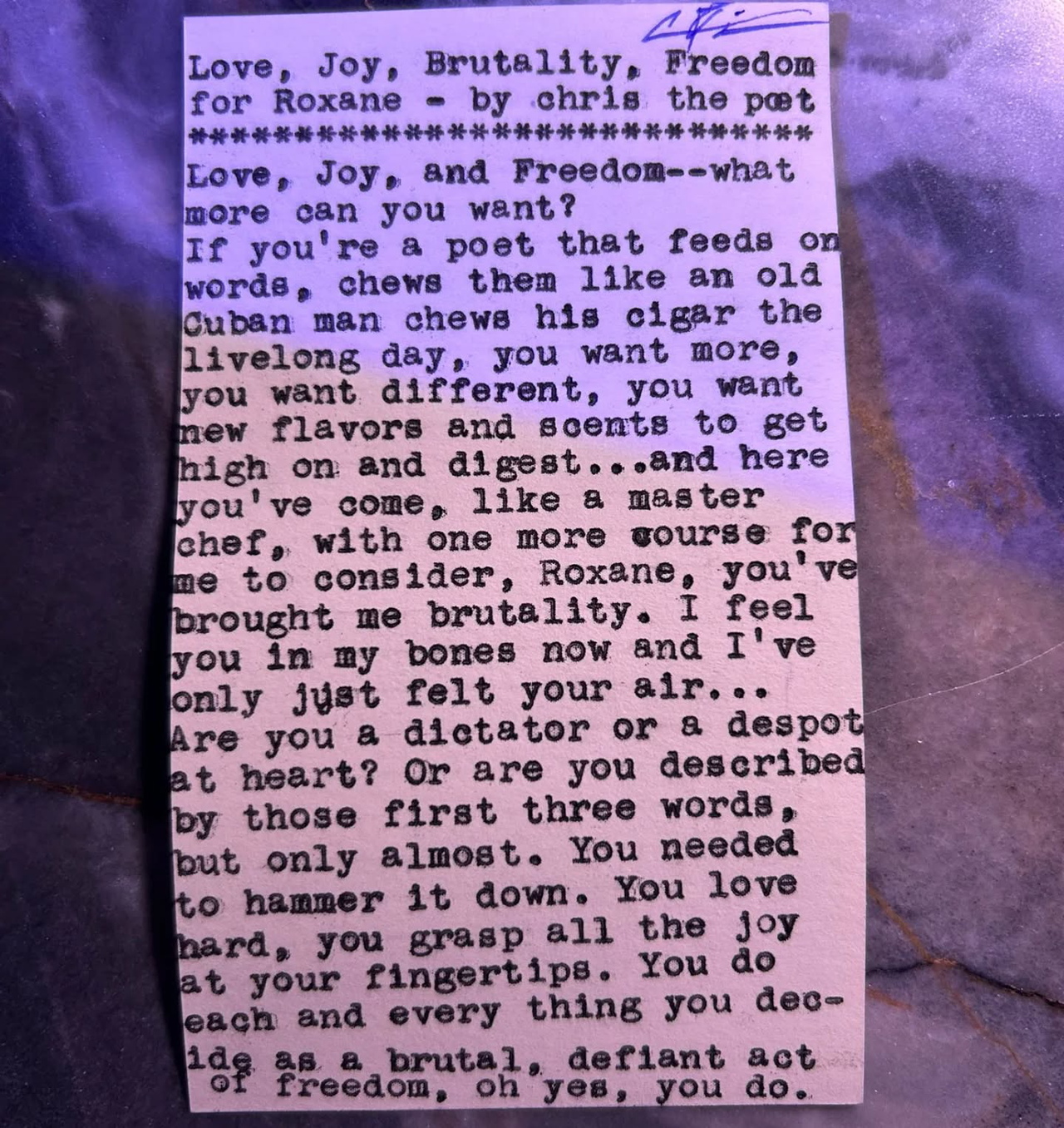 Additional archive image for Love, Joy, Brutality, Freedom for Roxane by Chris the Poet