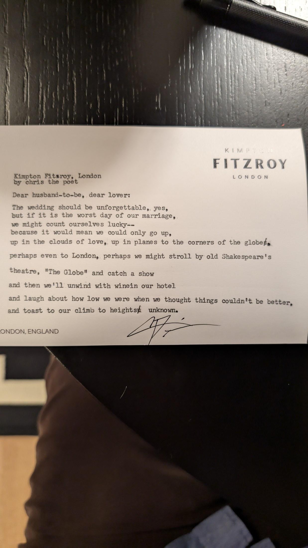 Original typewritten poem Kimpton Fitzroy, London by Chris the Poet