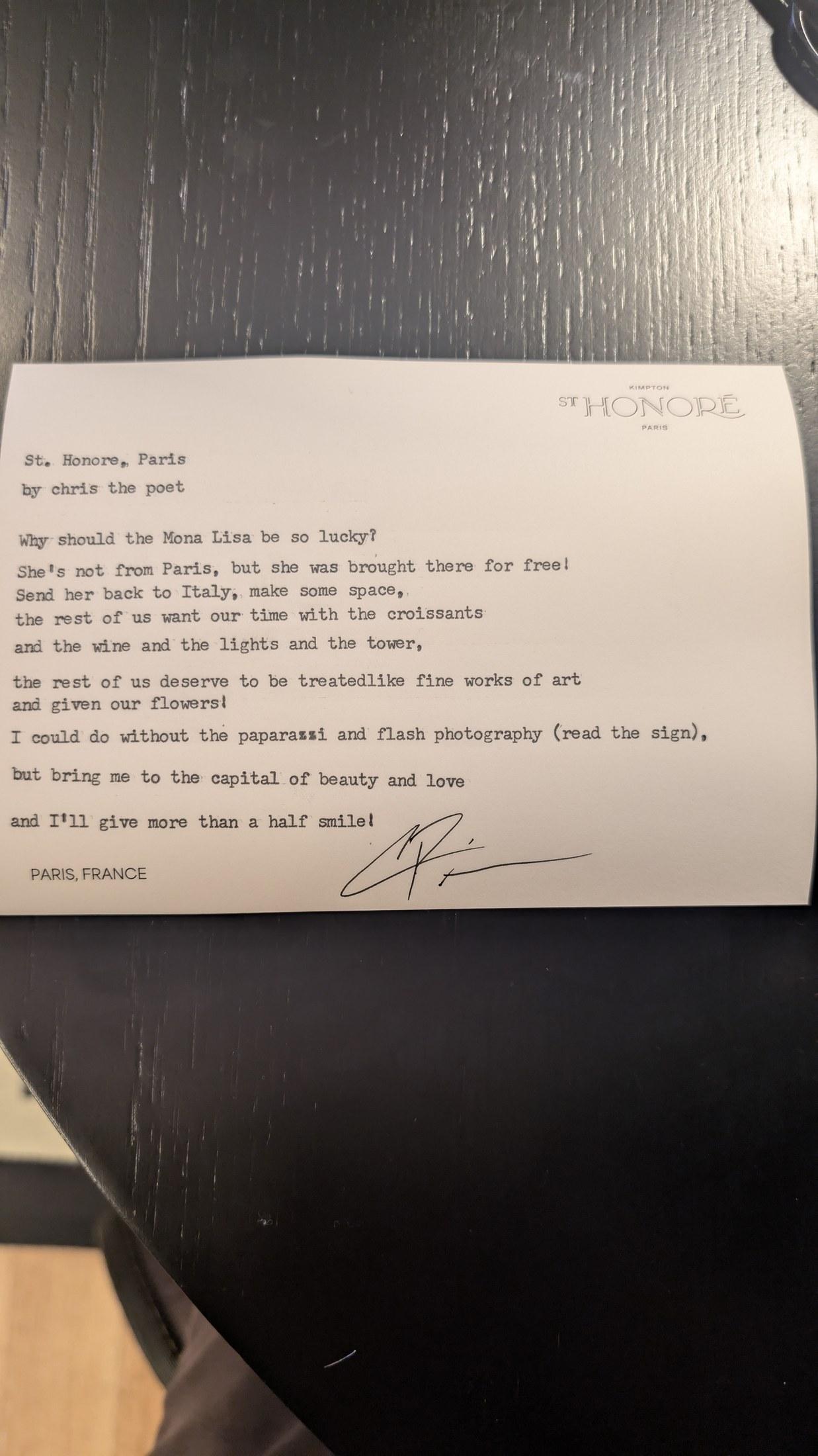Original typewritten poem St. Honore, Paris by Chris the Poet