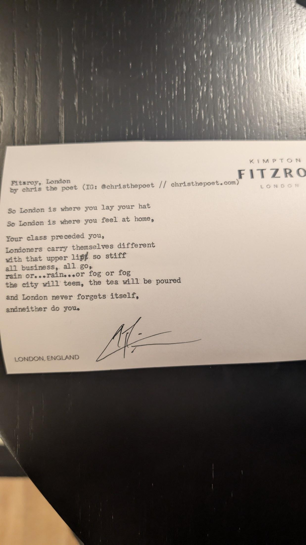 Original typewritten poem Fitzroy, London by Chris the Poet