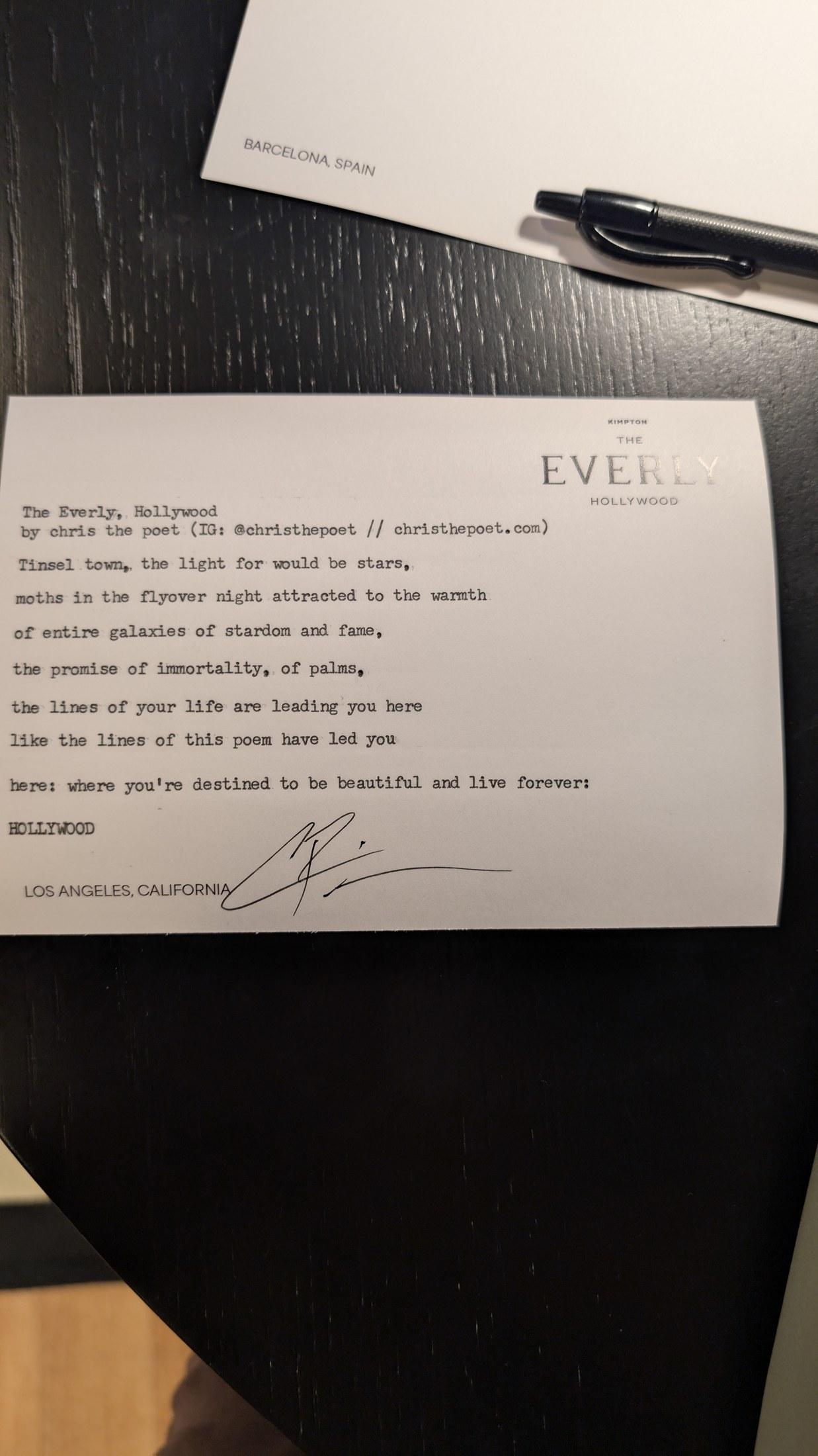 Original typewritten poem The Everly, Hollywood by Chris the Poet
