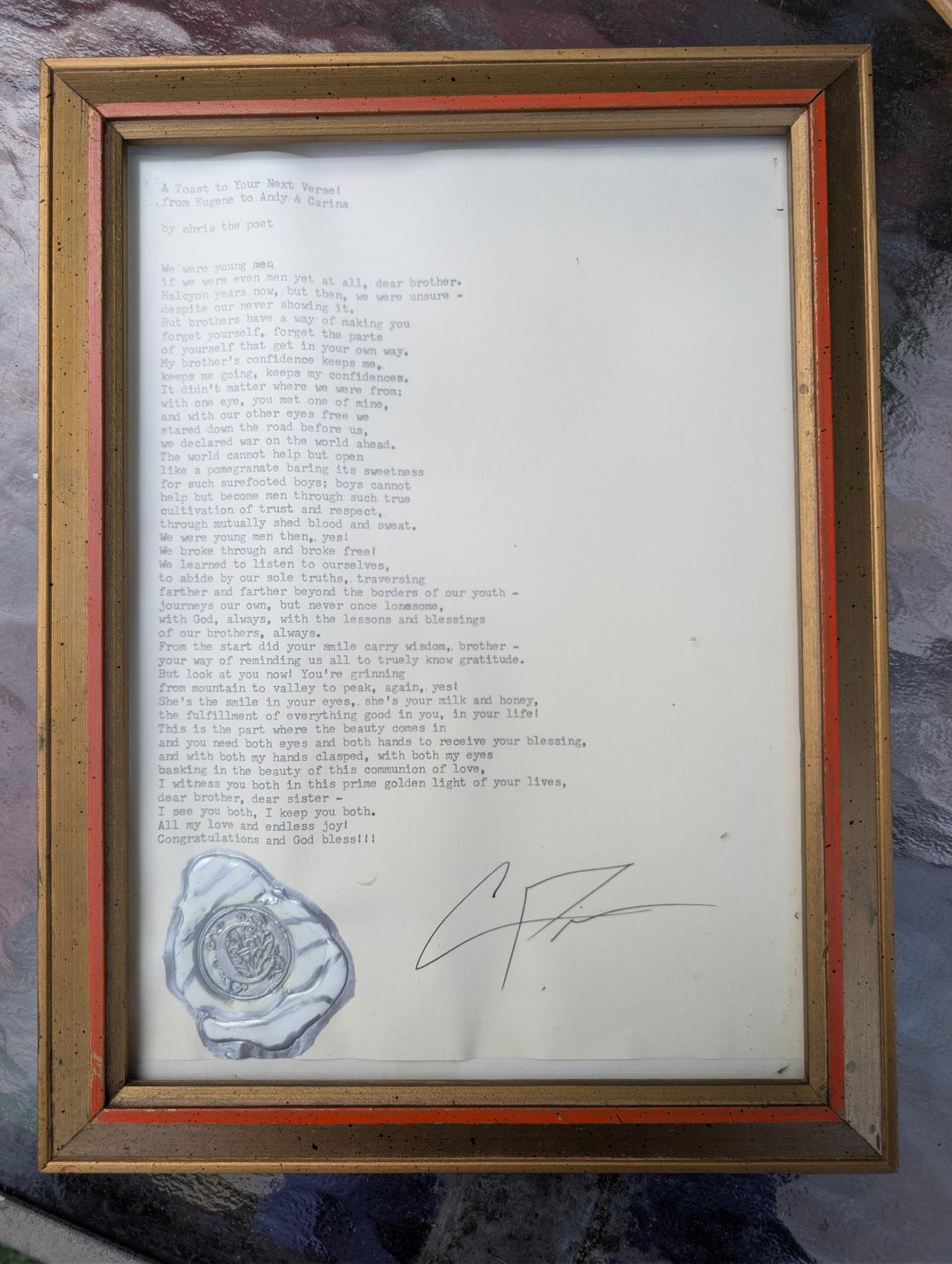 Framed commissioned wedding poem
