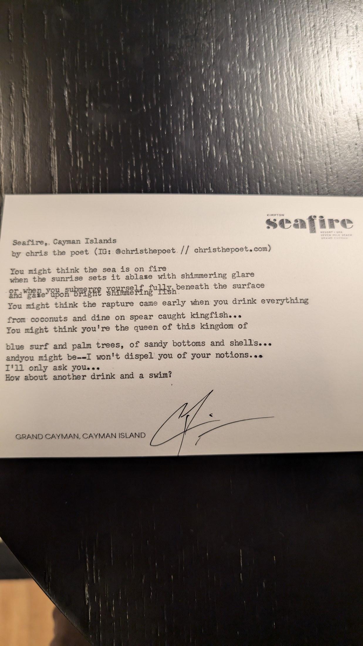 Original typewritten poem Seafire, Cayman Island by Chris the Poet