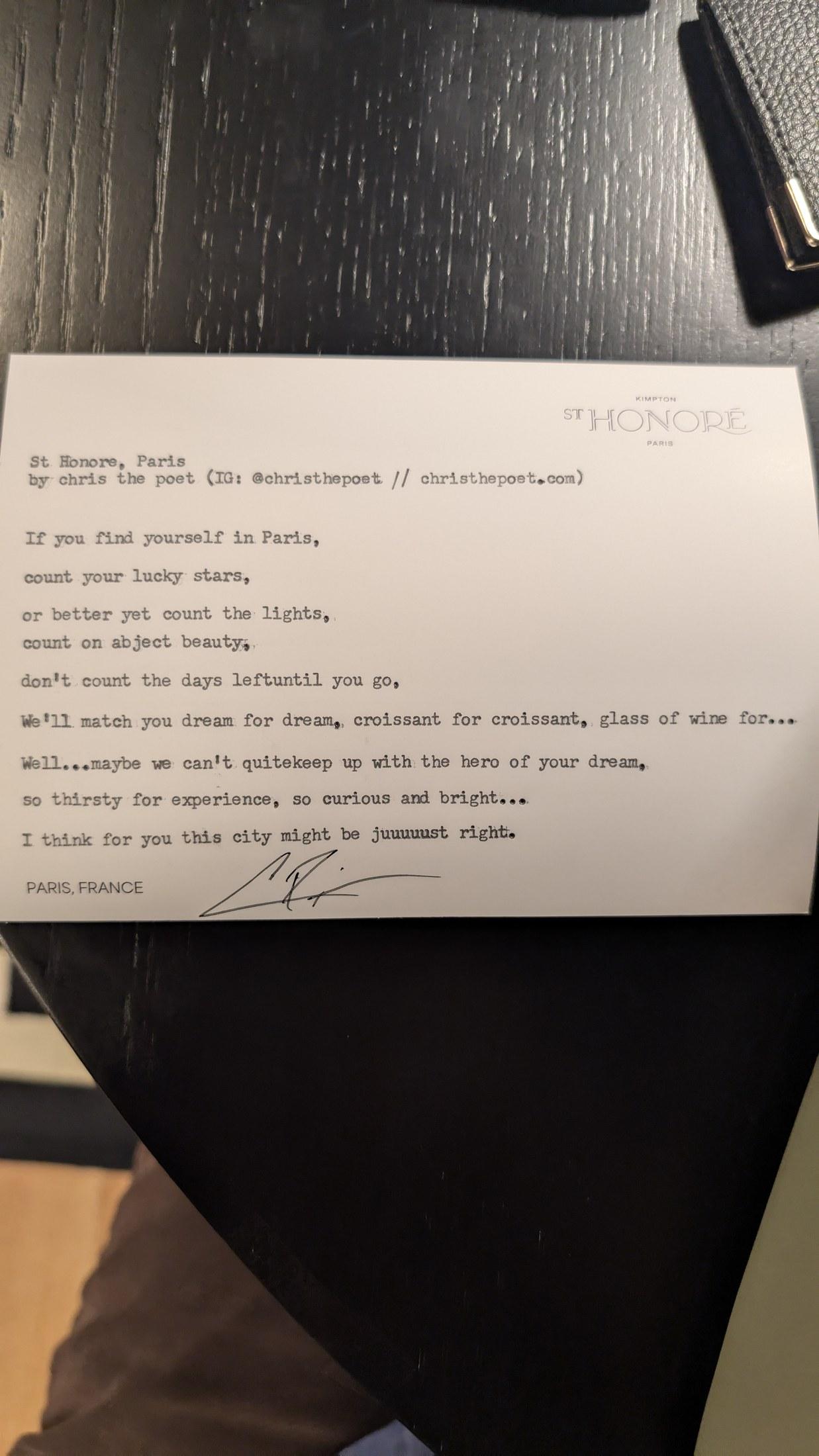 Original typewritten poem St. Honore, Paris by Chris the Poet