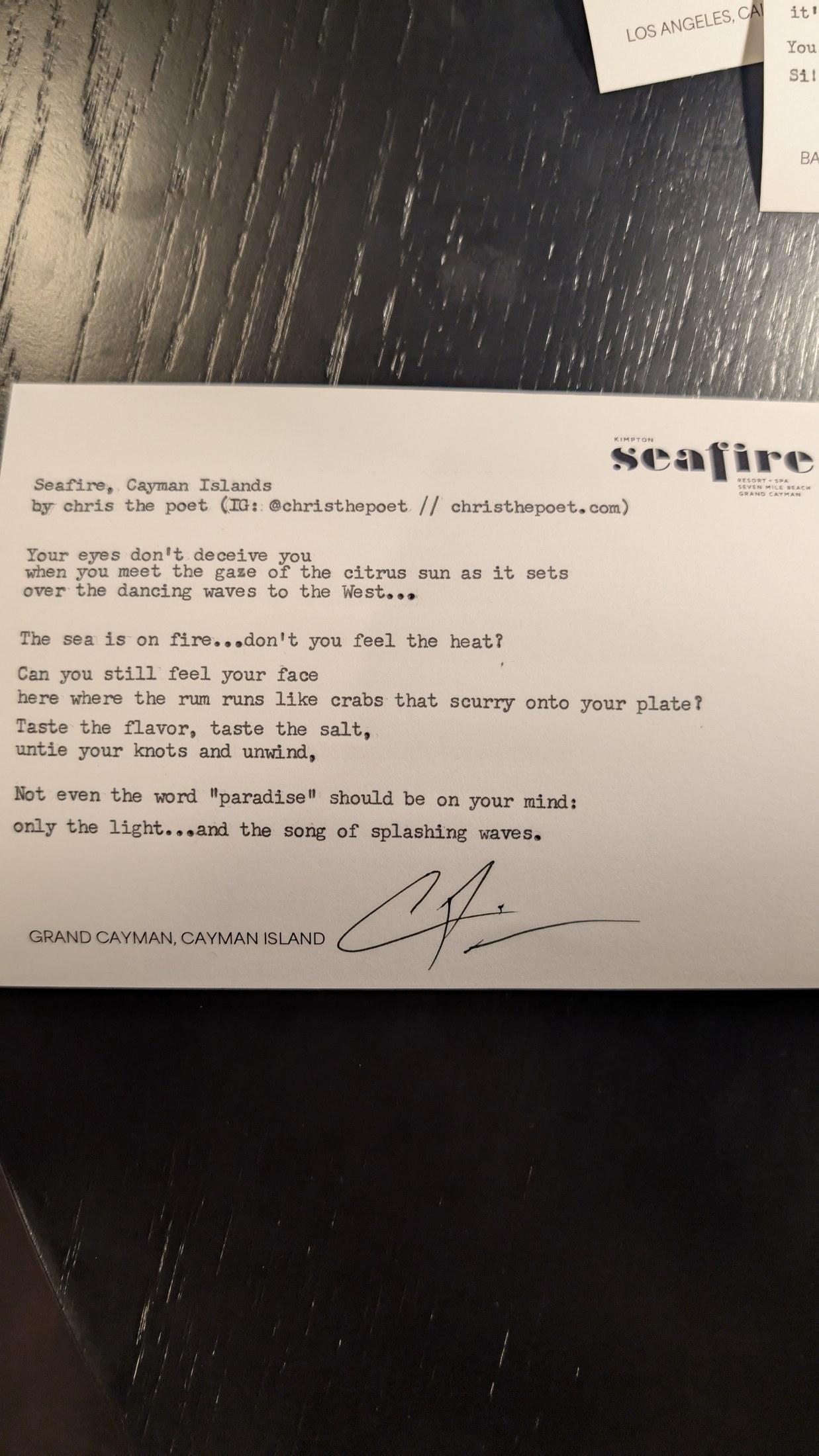 Original typewritten poem Seafire, Cayman Island by Chris the Poet