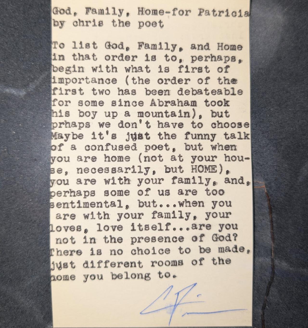 Original typewritten poem God, Family, Home, Patricia by Chris the Poet