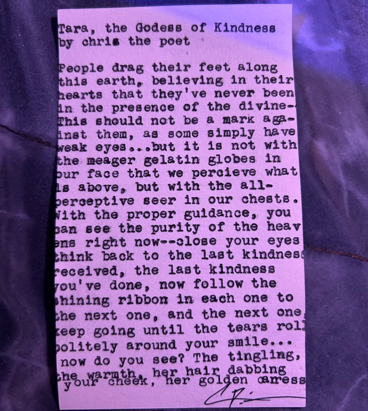 Original typewritten poem Tara, the Goddess of Kindness by Chris the Poet