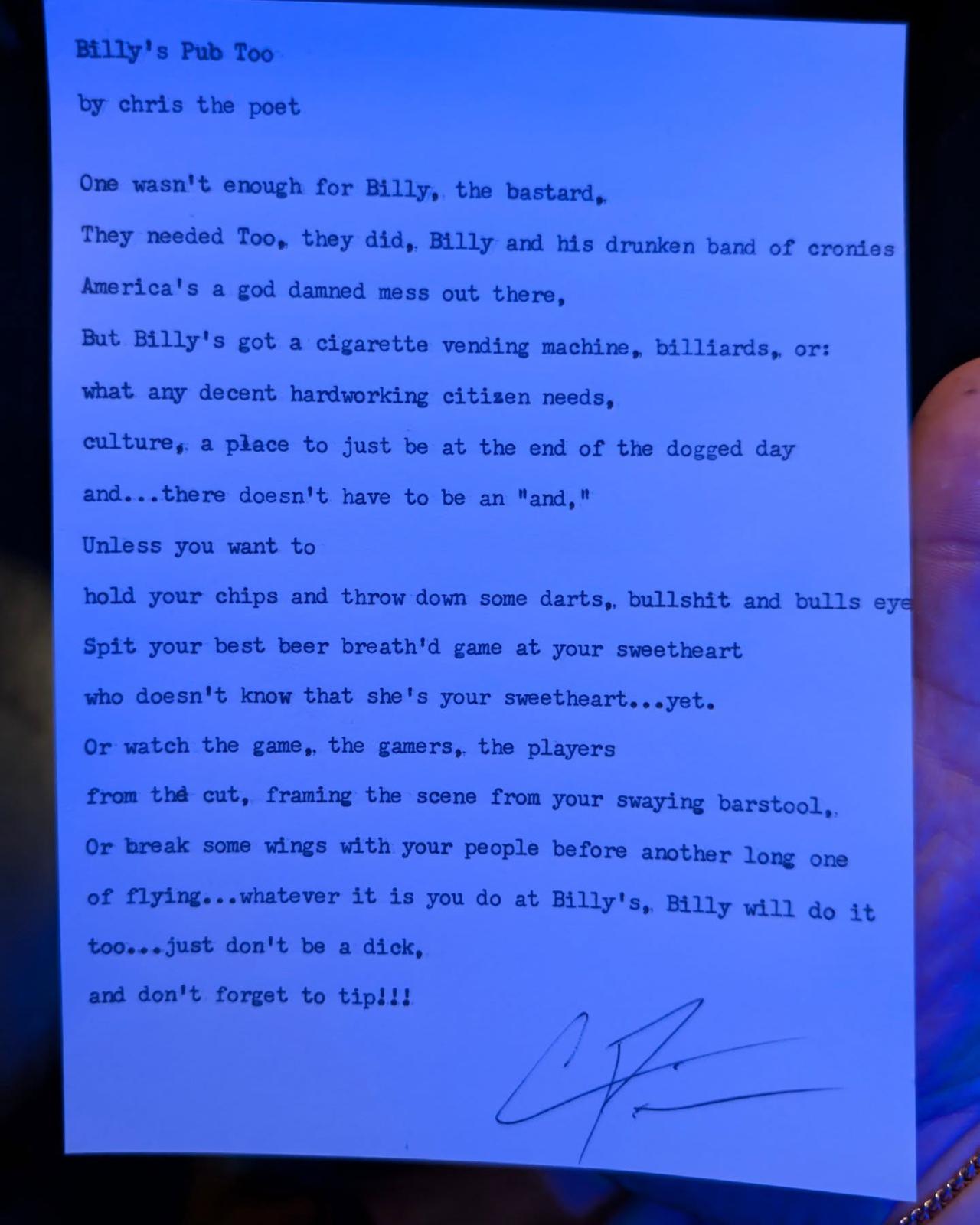 Original typewritten poem Billy's Pub Too by Chris the Poet