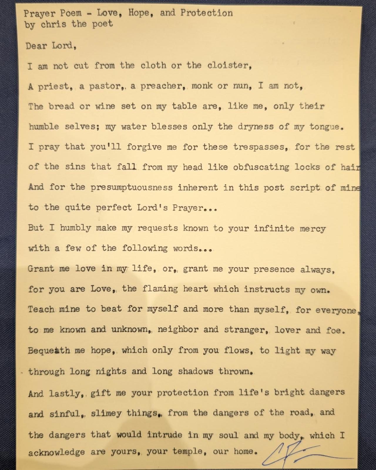 Original typewritten poem Prayer Poem: Love, Hope, and Protection by Chris the Poet
