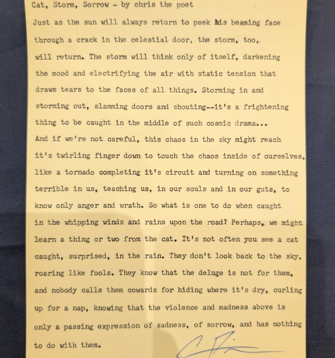 Original typewritten poem Cat, Storm, Sorrow by Chris the Poet