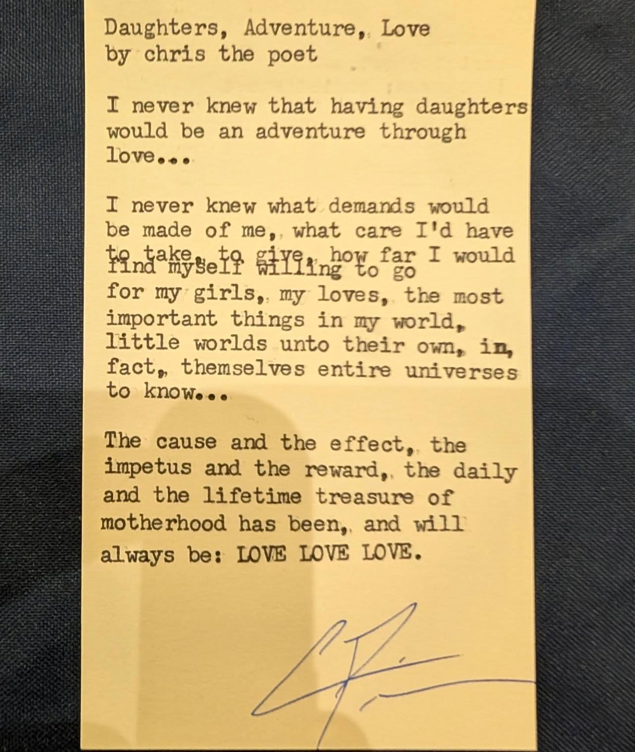 Original typewritten poem Daughters, Adventure, Love by Chris the Poet