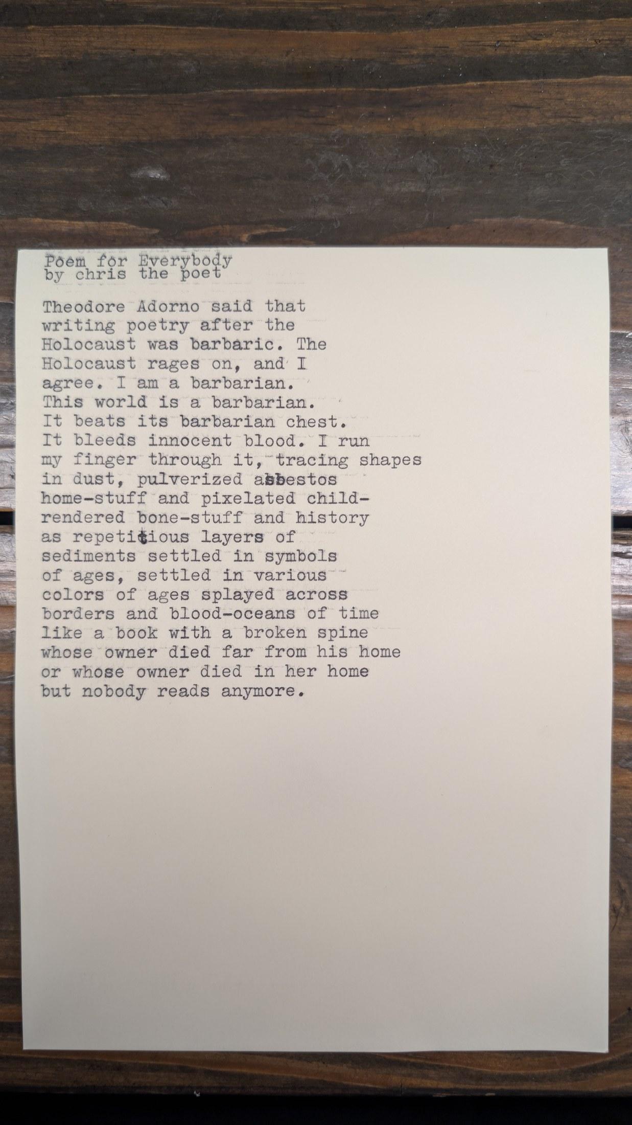 Original typewritten poem Poem for Everybody by Chris the Poet