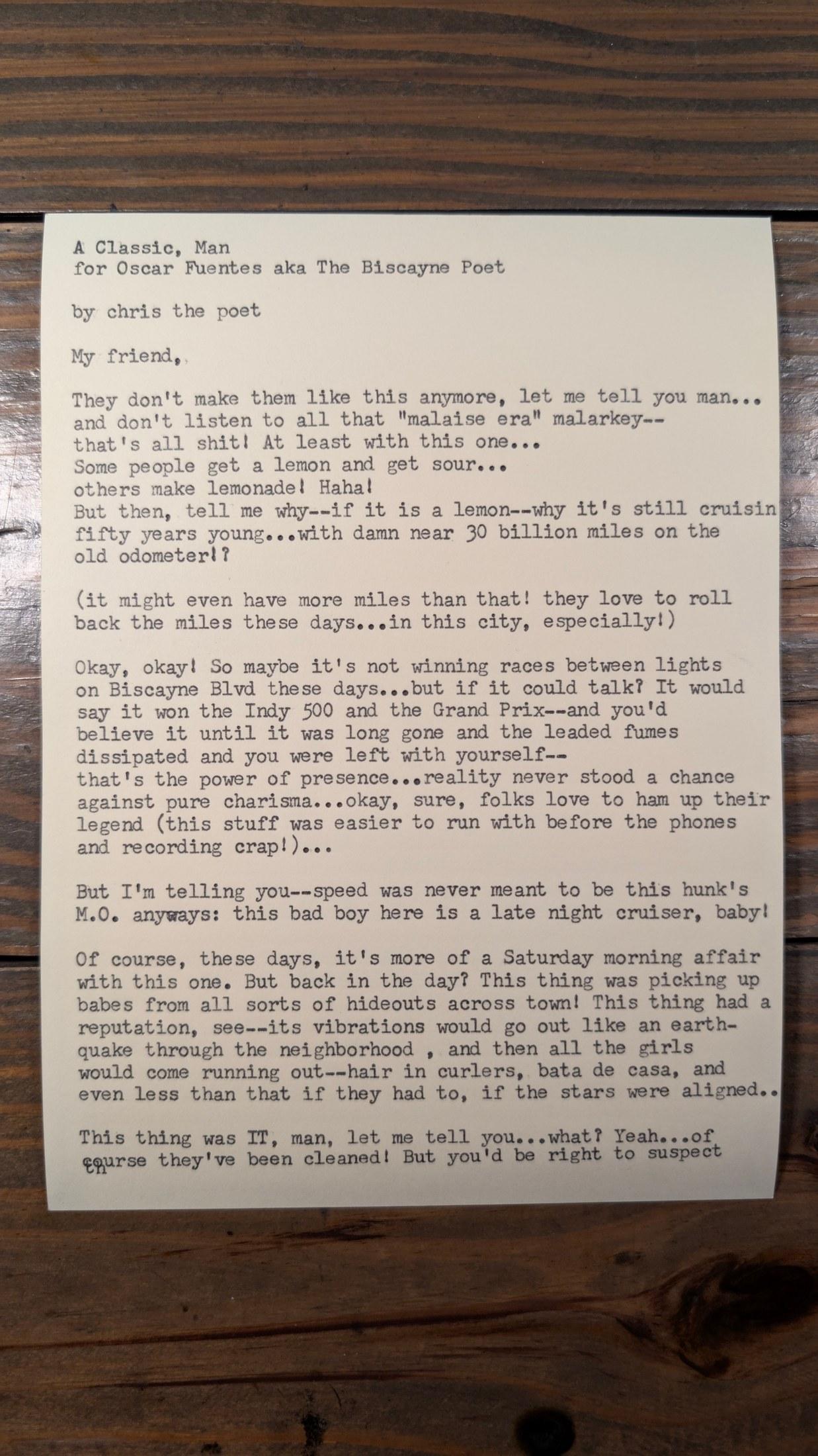 Original typewritten poem A Classic, Man For Oscar Fuentes aka The Biscayne Poet by Chris the Poet